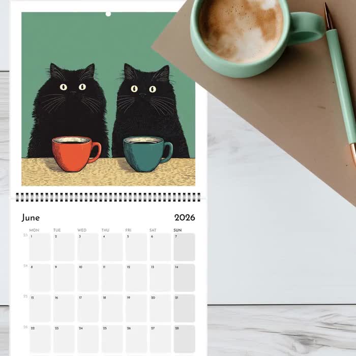 2026年 猫壁掛けカレンダー | コーヒーを飲みながらくつろぐ猫たち